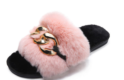 Winter New Style Round Head Metal Chain Multicolor One Line Wool Slippers - Hey Love Boutique