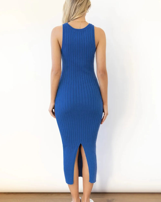Slit Ribbed Round Neck Sleeveless Dress