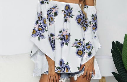 Spring And Summer New Ladies Sunflower Print One-Shoulder Off-The-Shoulder Top - Hey Love Boutique