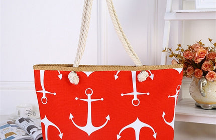 Straw Weave Printed Anchor Tote Bag