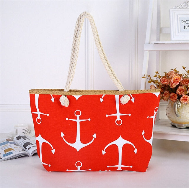 Straw Weave Printed Anchor Tote Bag