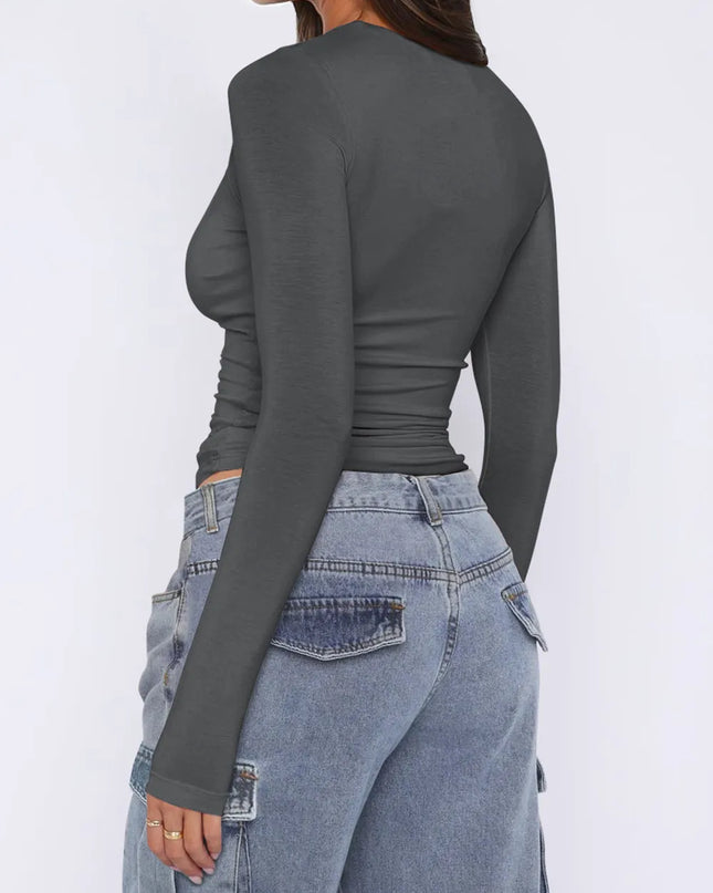 Ruched Asymmetrical Neck Long Sleeve T-Shirt