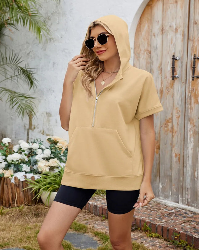 Half Zip Short Sleeve Hooded Top