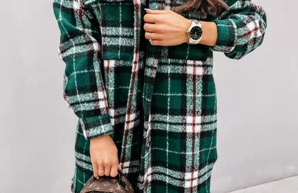 Spring And Autumn New Women's Plaid Brushed Medium Long Woolen Coat - Hey Love Boutique