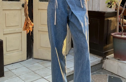 High Waisted Diagonal Buckle Washed Loose Straight Jeans