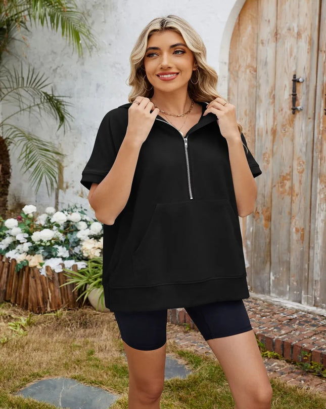 Half Zip Short Sleeve Hooded Top