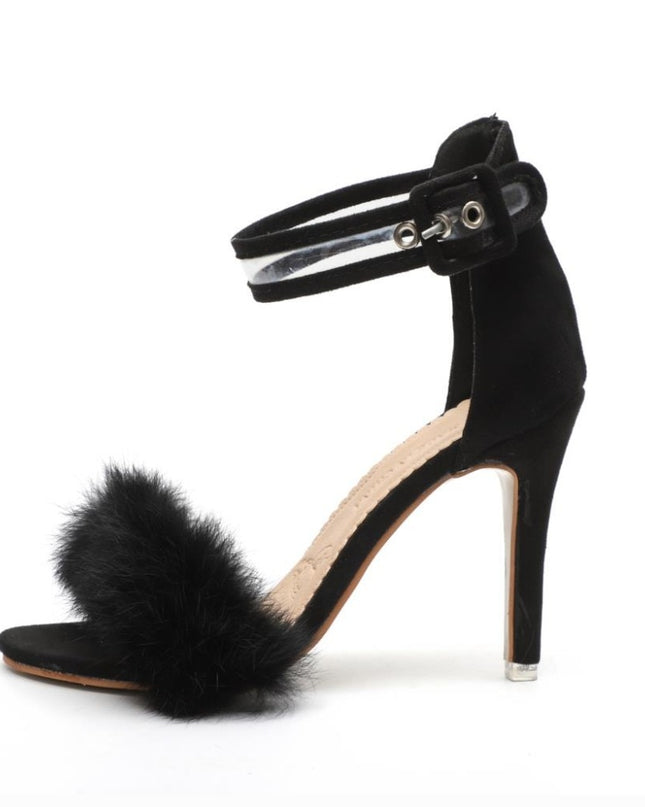Women Pumps Snake Black High Thin Heels Ankle Strap Platform Faux Fluffy Rabbit Fur Woman Sandal Party Wedding Lady Shoes