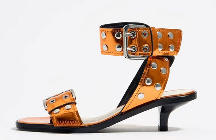 Women's fashionable and comfortable stiletto mid-heel wide rivet strap sandals for outerwear