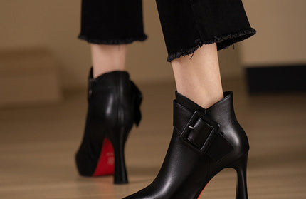 Pointed Toe High Heel Ankle Boots with Buckle