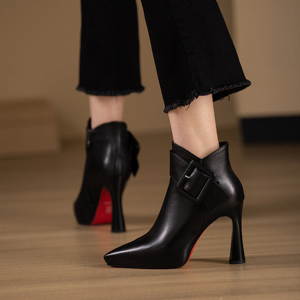 Pointed Toe High Heel Ankle Boots with Buckle