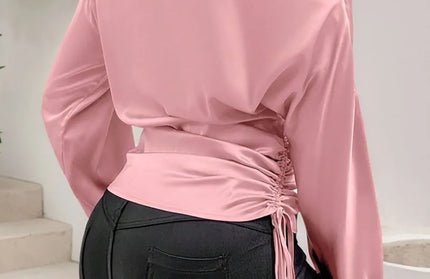 Drawstring One Shoulder Long Sleeve Blouse