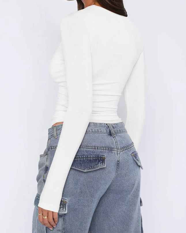 Ruched Asymmetrical Neck Long Sleeve T-Shirt