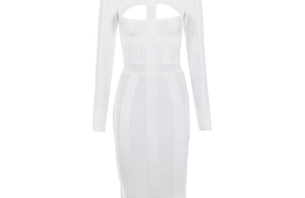Women Bodycon Bandage Dress White Long Sleeve Hollow Out Club Dress Vestidos Celebrity Evening Party Midi Dress