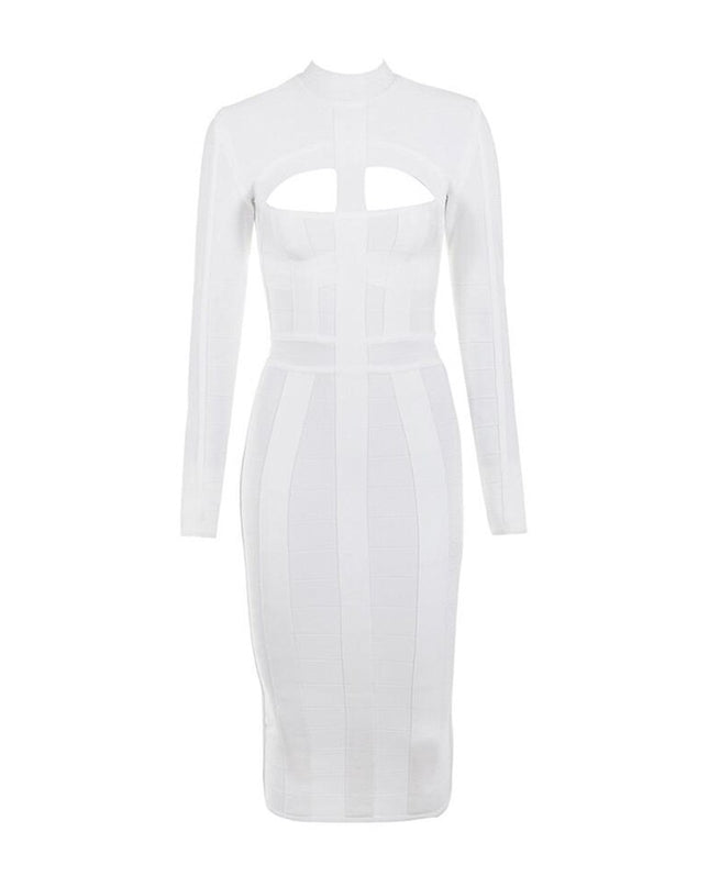 Women Bodycon Bandage Dress White Long Sleeve Hollow Out Club Dress Vestidos Celebrity Evening Party Midi Dress