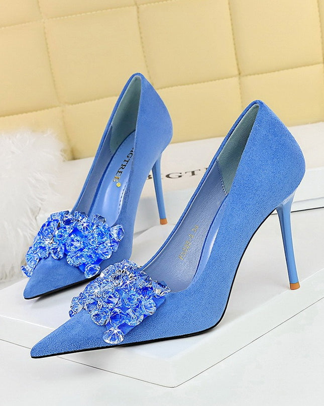 Suede Shallow Mouth Pointed Toe Rhinestone Bow Shoes