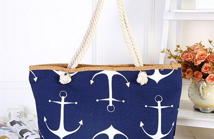 Straw Weave Printed Anchor Tote Bag