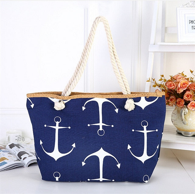 Straw Weave Printed Anchor Tote Bag