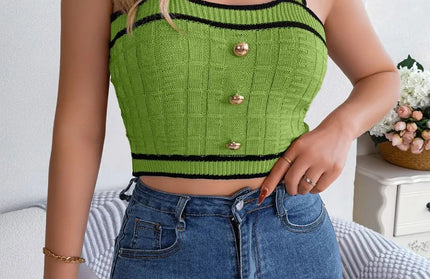 Decorative Button Wide Strap Knit Crop Top
