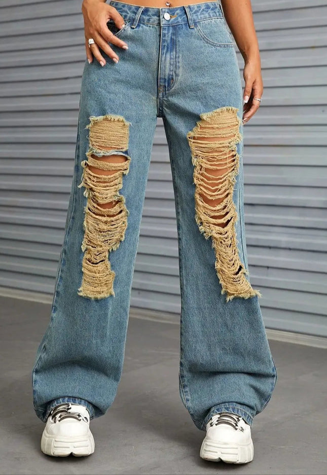 Distressed Wide Leg Jeans with Pockets