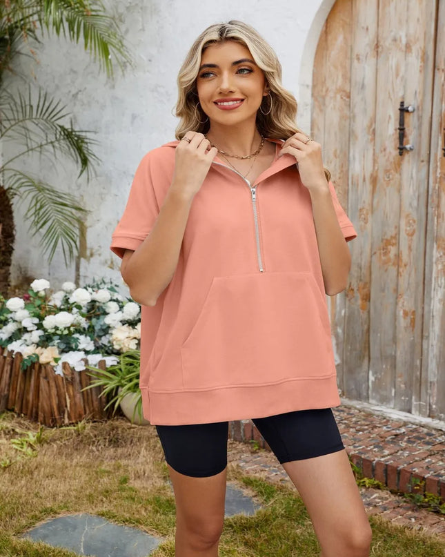 Half Zip Short Sleeve Hooded Top
