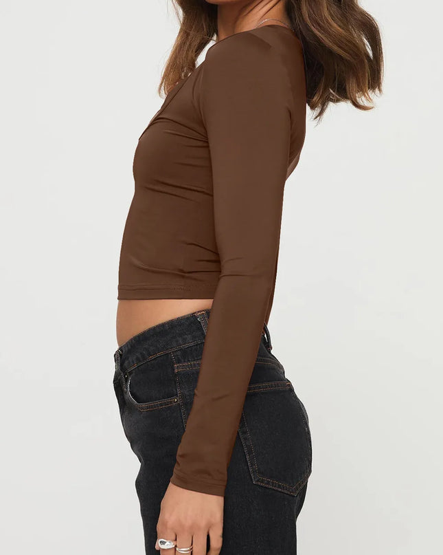 Scoop Neck Long Sleeve Cropped T-Shirt