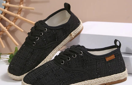 Lace Up Round Toe Flats Tweed Sneakers