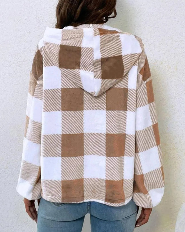 Checkered Open Collar Casual Hoodie