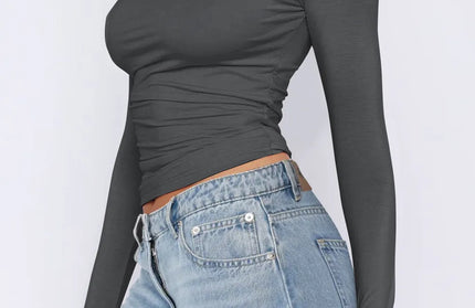 Ruched Asymmetrical Neck Long Sleeve T-Shirt