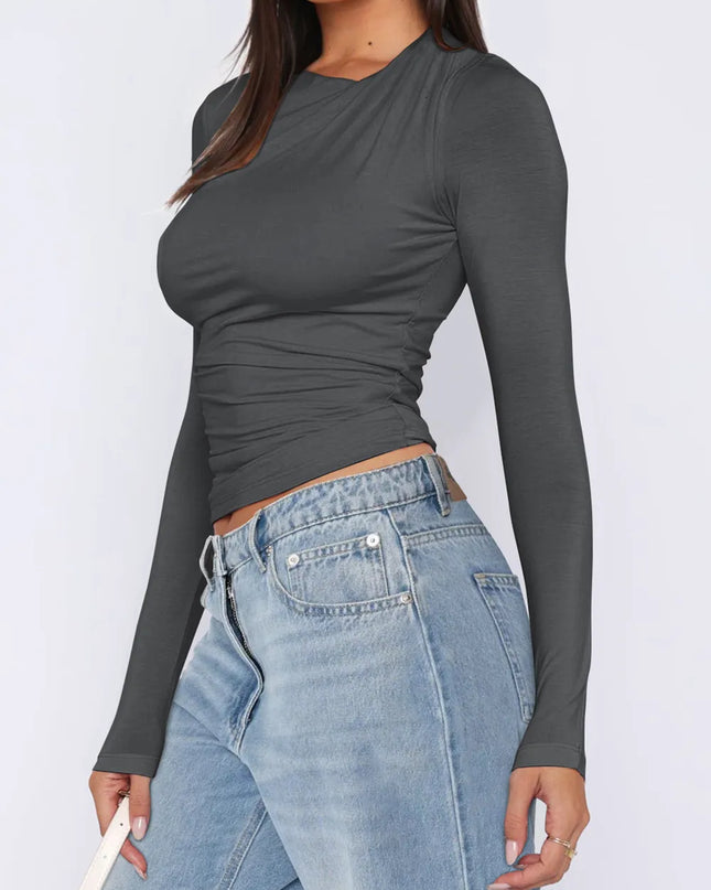 Ruched Asymmetrical Neck Long Sleeve T-Shirt