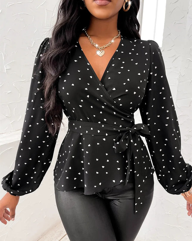 Heart Print Balloon Sleeve Shirt