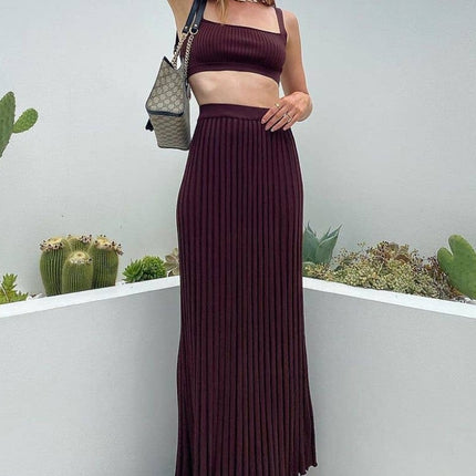 Ribbed Tank Top And Pleated Knitted Skirt Set