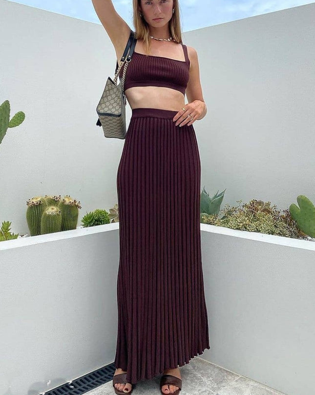 Ribbed Tank Top And Pleated Knitted Skirt Set