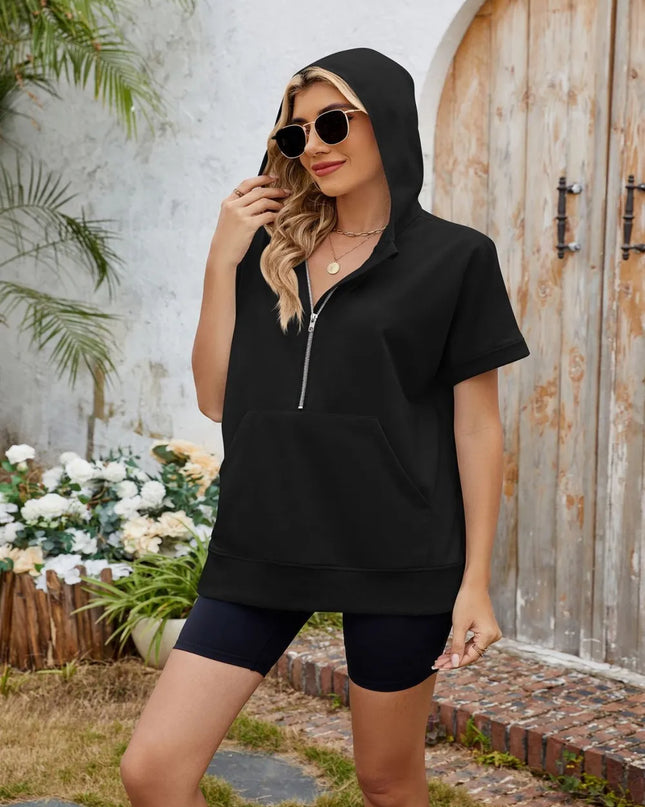 Half Zip Short Sleeve Hooded Top