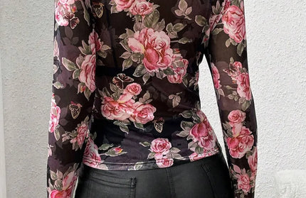 Mesh Floral Mock Neck Long Sleeve Shirt