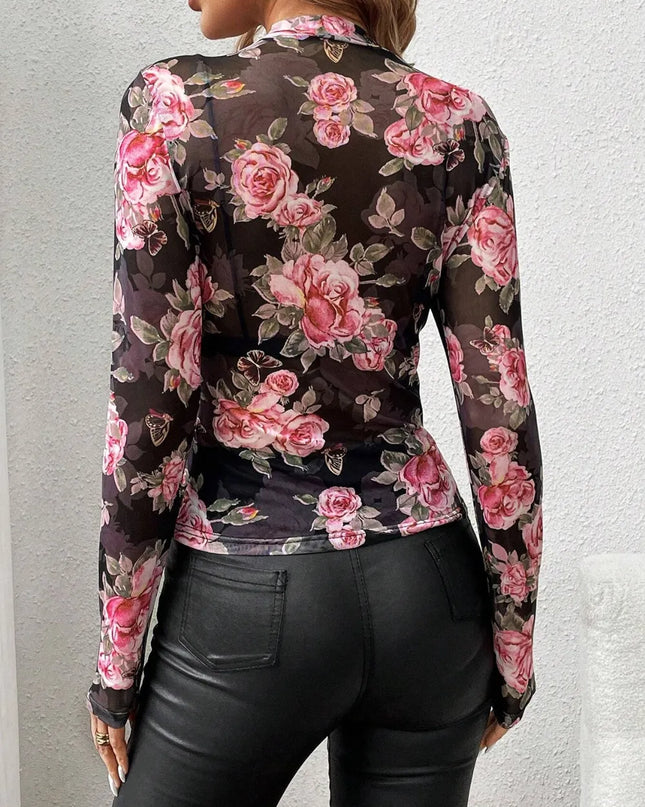 Mesh Floral Mock Neck Long Sleeve Shirt