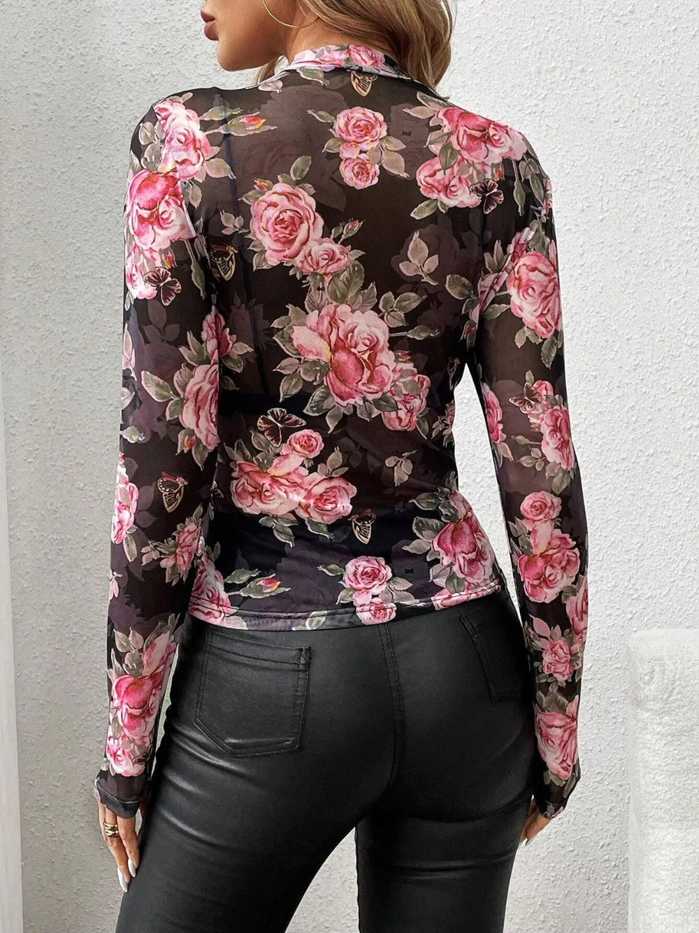 Mesh Floral Mock Neck Long Sleeve Shirt