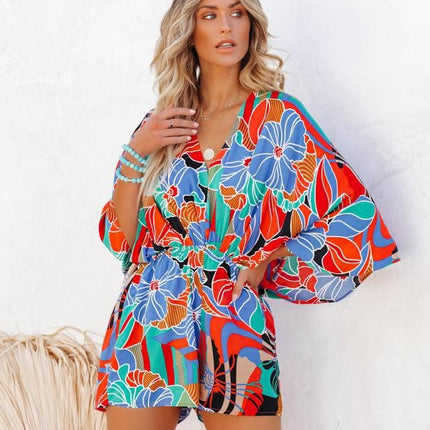 Printed Waistband Short Sleeved Jumpsuit