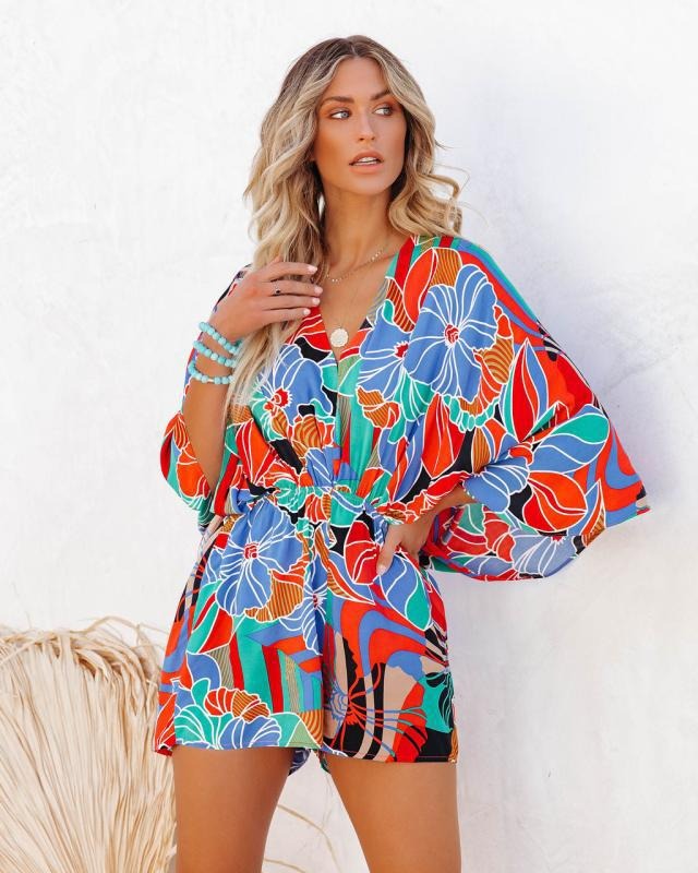 Printed Waistband Short Sleeved Jumpsuit