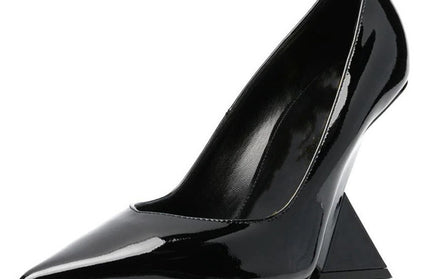 Ultra high heels, shallow mouth, pointed toe, patent leather wedge shoes, catwalk plus size shoes