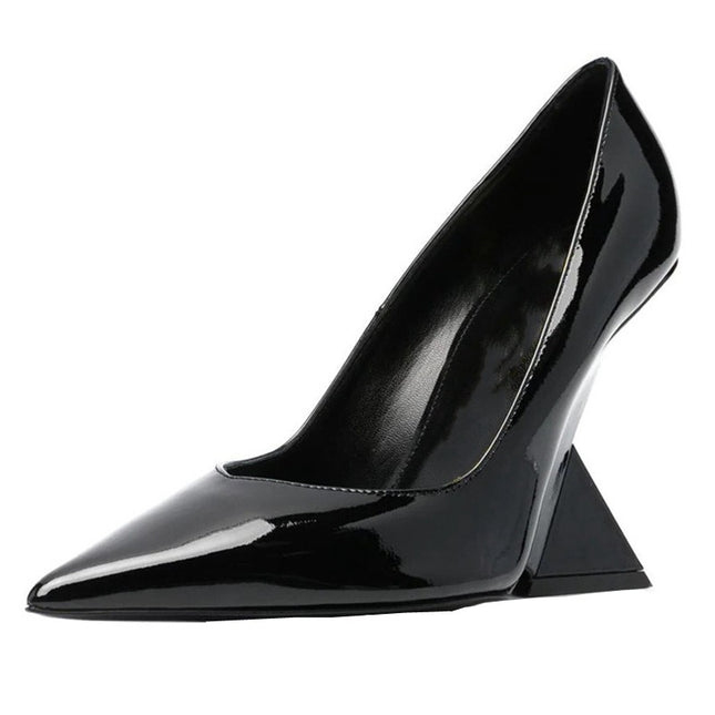 Ultra high heels, shallow mouth, pointed toe, patent leather wedge shoes, catwalk plus size shoes