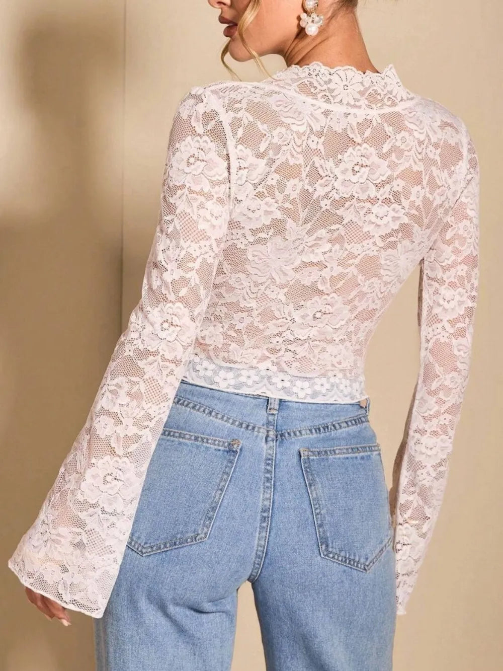 Sexy Transparent Lace Flared Long Sleeved Shirt