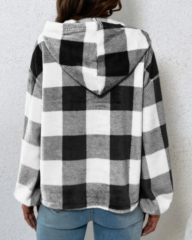 Checkered Open Collar Casual Hoodie