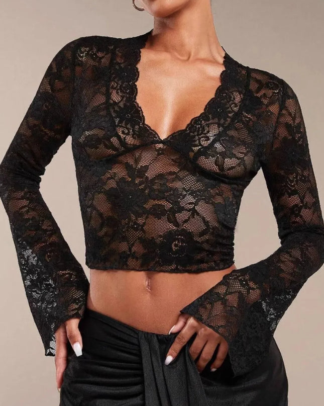 Sexy Transparent Lace Flared Long Sleeved Shirt