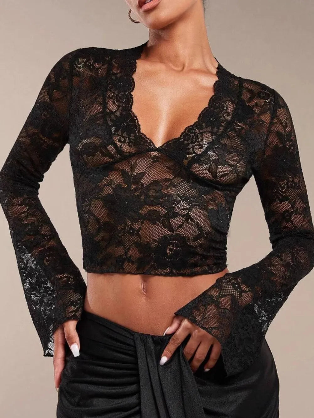 Sexy Transparent Lace Flared Long Sleeved Shirt