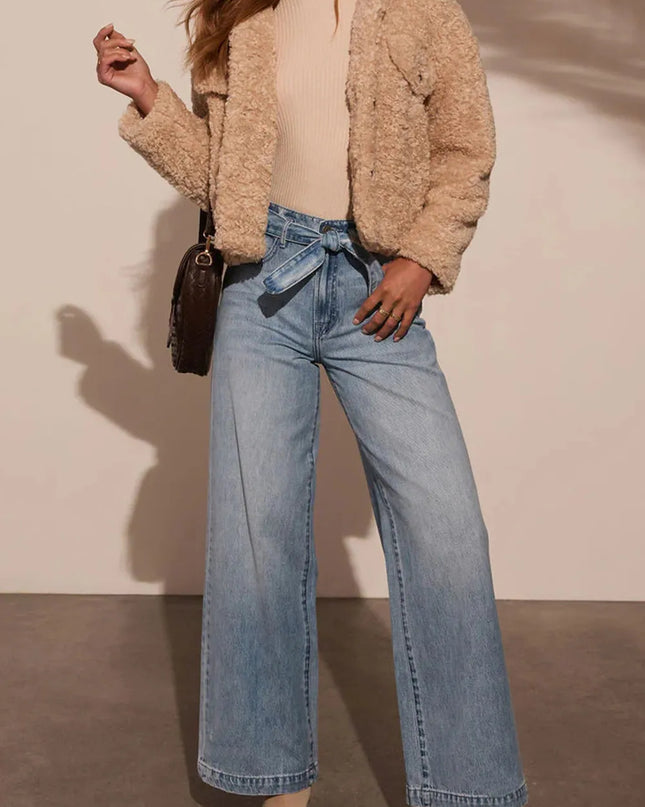 Tied Wide Leg Jeans with Pockets