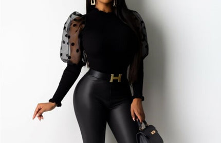 Sexy Turtleneck Mesh Polka Dot Shirt