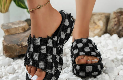 Raw Hem Plaid Platform Sandals