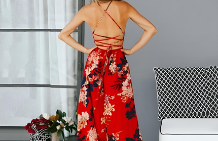 Red Floral Backless Dress