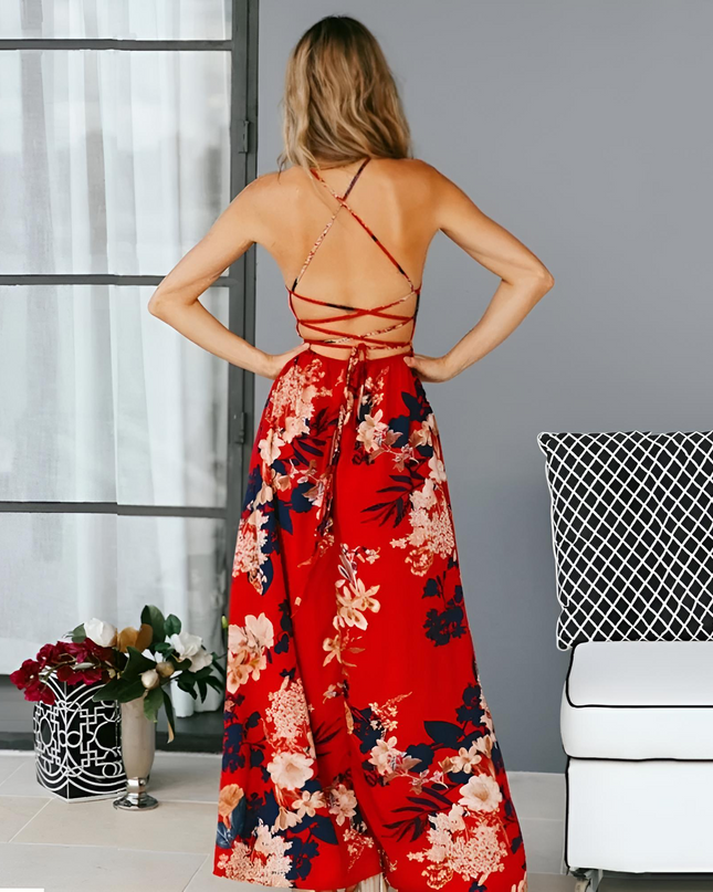 Red Floral Backless Dress
