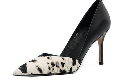 Pointed thin high heels, color blocking horse hair, sexy spicy mom, banquet single shoes for women